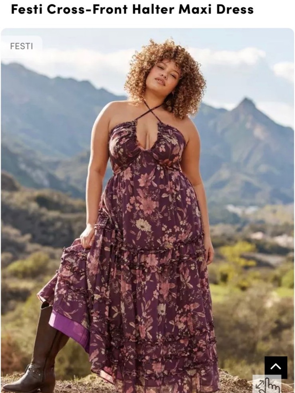 Torrid Festi Cross-Front Halter Maxi Dress in purple with floral print, size 2X.